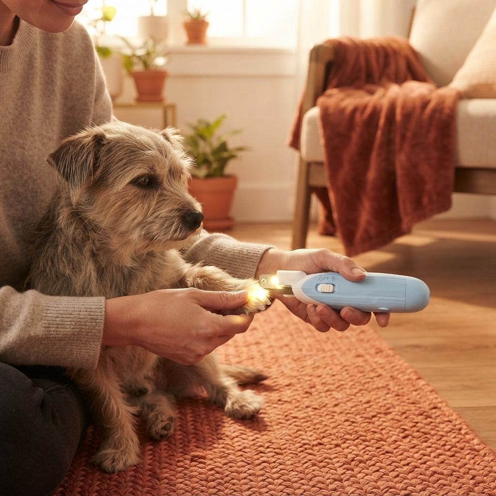 Close-up of a person using LED pet nail clippers on a dog's paw in a sunlit living room to safely trim nails.