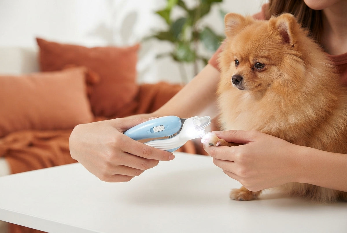 A person using an LED pet nail clipper to safely trim a dog's nails in a bright, cozy room with terracotta accents.